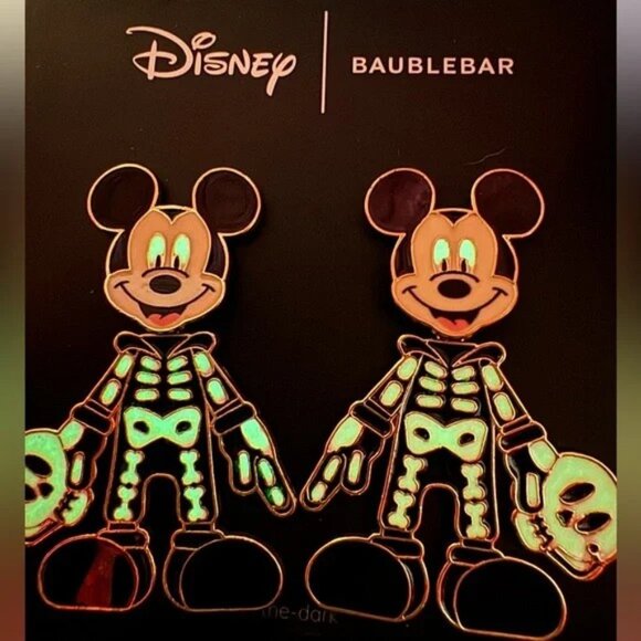 Disney Baublebar Halloween Mickey Skeleton Dangle Earrings Glow in The Dark NEW - Picture 1 of 7